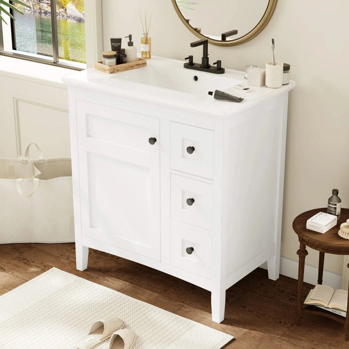 30 Inch Bathroom Vanity with Ceramic Sink, White Bathroom with 3 Drawers, Solid Wood Frame Modern Bathroom Storage Cabinet , Ideal for Home Default -DTYStore