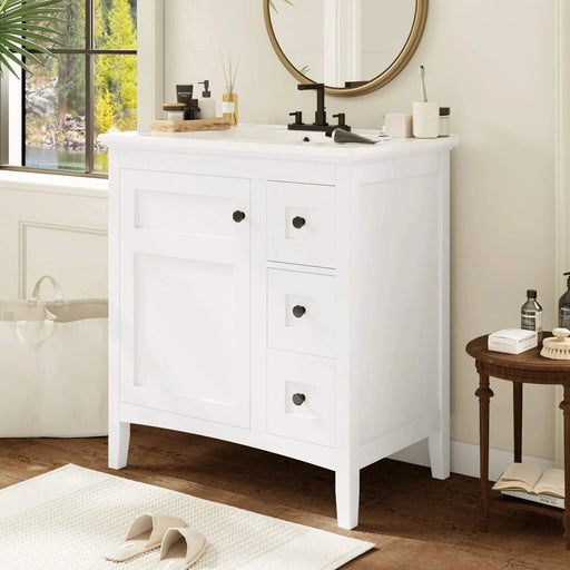 30 Inch Bathroom Vanity with Ceramic Sink, White Bathroom with 3 Drawers, Solid Wood Frame Modern Bathroom Storage Cabinet , Ideal for Home Default -DTYStore