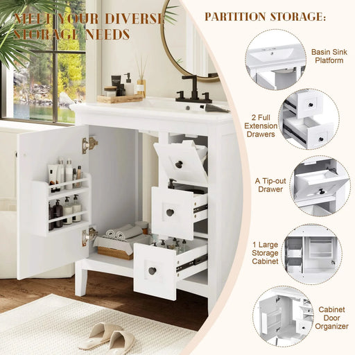 30 Inch Bathroom Vanity with Ceramic Sink, White Bathroom with 3 Drawers, Solid Wood Frame Modern Bathroom Storage Cabinet , Ideal for Home Default -DTYStore