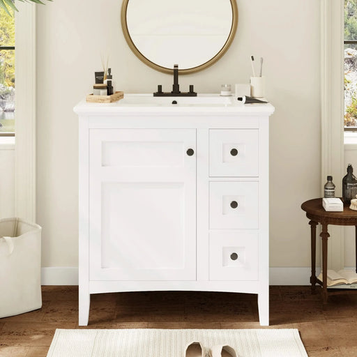 30 Inch Bathroom Vanity with Ceramic Sink, White Bathroom with 3 Drawers, Solid Wood Frame Modern Bathroom Storage Cabinet , Ideal for Home Default -DTYStore
