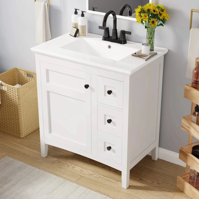 30 Inch Bathroom Vanity with Ceramic Sink, White Bathroom with 3 Drawers, Solid Wood Frame Modern Bathroom Storage Cabinet , Ideal for Home Default -DTYStore