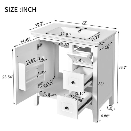 30 Inch Bathroom Vanity with Ceramic Sink, White Bathroom with 3 Drawers, Solid Wood Frame Modern Bathroom Storage Cabinet , Ideal for Home Default -DTYStore