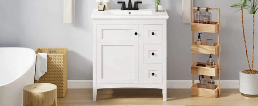 30 Inch Bathroom Vanity with Ceramic Sink, White Bathroom with 3 Drawers, Solid Wood Frame Modern Bathroom Storage Cabinet , Ideal for Home Default -DTYStore