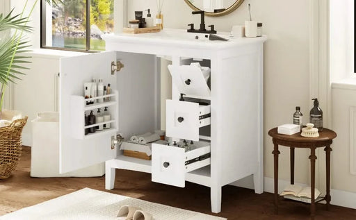30 Inch Bathroom Vanity with Ceramic Sink, White Bathroom with 3 Drawers, Solid Wood Frame Modern Bathroom Storage Cabinet , Ideal for Home Default -DTYStore