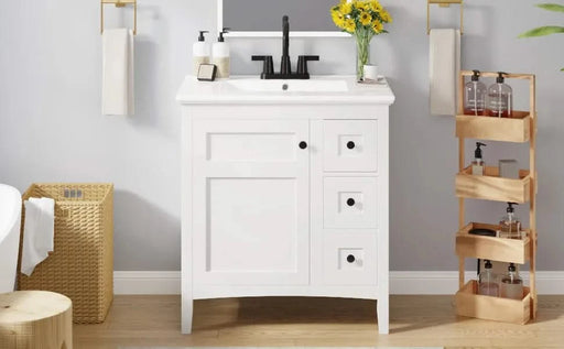 30 Inch Bathroom Vanity with Ceramic Sink, White Bathroom with 3 Drawers, Solid Wood Frame Modern Bathroom Storage Cabinet , Ideal for Home Default -DTYStore