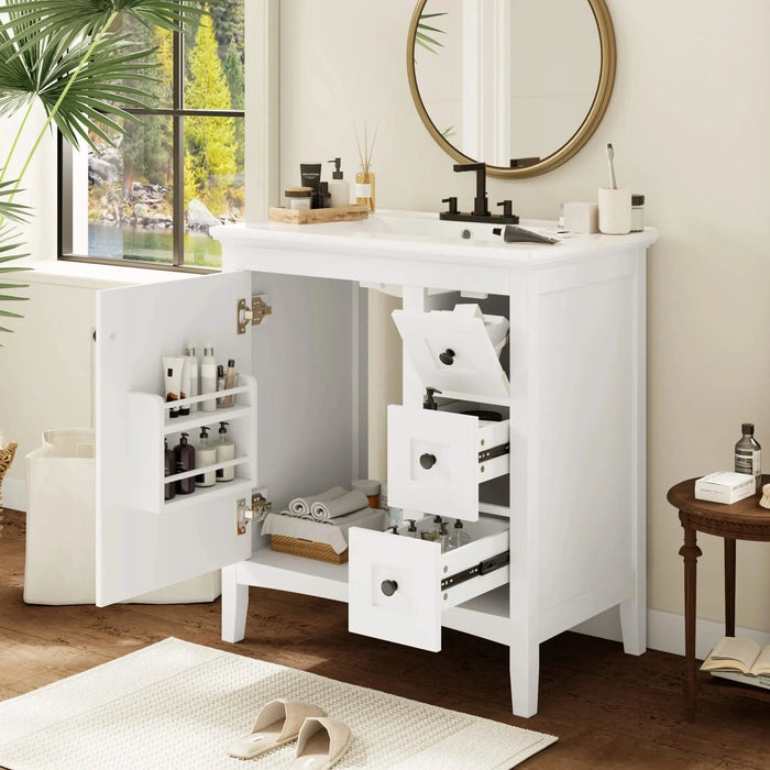 30 Inch Bathroom Vanity with Ceramic Sink, White Bathroom with 3 Drawers, Solid Wood Frame Modern Bathroom Storage Cabinet , Ideal for Home Default -DTYStore