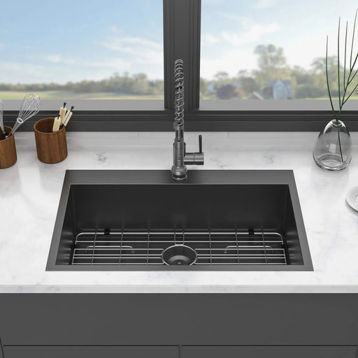 30 Inch Modern Topmount Kitchen Sink - Gunmetal Black Stainless Steel 16 Gauge Single Bowl Default -DTYStore