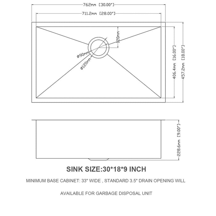 30 Inch Undermount Sink - 30' x 18' x 9' Undermount Stainless Steel Kitchen Sink 16 Gauge 9 Inch Deep Single Bowl Kitchen Sink Basin, Includes Drain Assembly (No Additional Accessories) - DTY Store