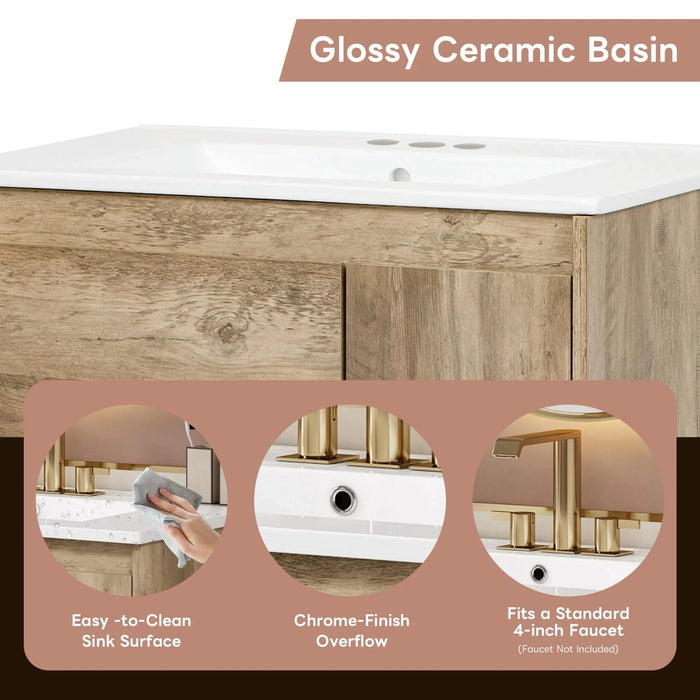 30' Modern Wood Fixture Bathroom Vanity, Bathroom Cabinet with Sliding Drawer, Bathroom Storage Cabinet with Ceramic Basin Sink Top, Single Bathroom Vanities Cabinet with Doors and Open Shelf Default -DTYStore