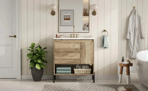 30' Modern Wood Fixture Bathroom Vanity, Bathroom Cabinet with Sliding Drawer, Bathroom Storage Cabinet with Ceramic Basin Sink Top, Single Bathroom Vanities Cabinet with Doors and Open Shelf Default -DTYStore