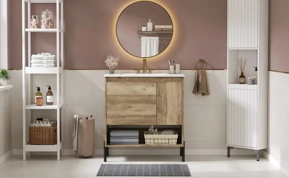 30' Modern Wood Fixture Bathroom Vanity, Bathroom Cabinet with Sliding Drawer, Bathroom Storage Cabinet with Ceramic Basin Sink Top, Single Bathroom Vanities Cabinet with Doors and Open Shelf Default -DTYStore