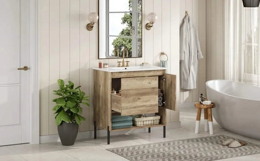 30' Modern Wood Fixture Bathroom Vanity, Bathroom Cabinet with Sliding Drawer, Bathroom Storage Cabinet with Ceramic Basin Sink Top, Single Bathroom Vanities Cabinet with Doors and Open Shelf Default -DTYStore