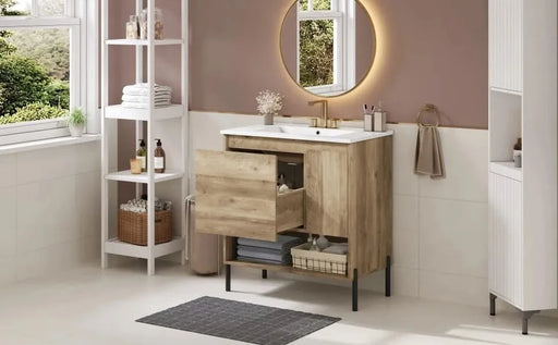 30' Modern Wood Fixture Bathroom Vanity, Bathroom Cabinet with Sliding Drawer, Bathroom Storage Cabinet with Ceramic Basin Sink Top, Single Bathroom Vanities Cabinet with Doors and Open Shelf Default -DTYStore