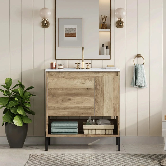 30' Modern Wood Fixture Bathroom Vanity, Bathroom Cabinet with Sliding Drawer, Bathroom Storage Cabinet with Ceramic Basin Sink Top, Single Bathroom Vanities Cabinet with Doors and Open Shelf Default -DTYStore