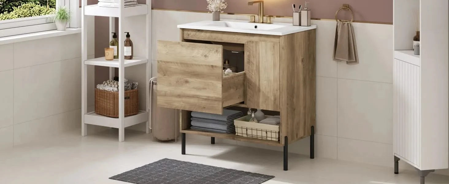 30' Modern Wood Fixture Bathroom Vanity, Bathroom Cabinet with Sliding Drawer, Bathroom Storage Cabinet with Ceramic Basin Sink Top, Single Bathroom Vanities Cabinet with Doors and Open Shelf Default -DTYStore