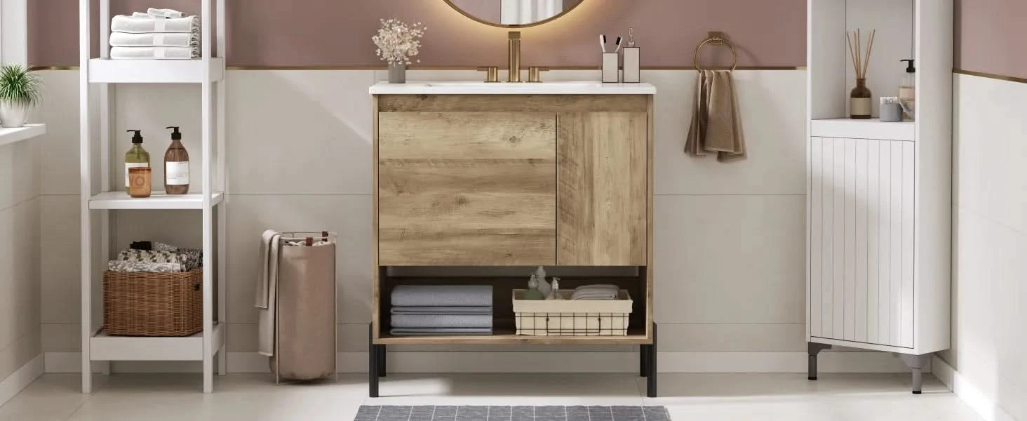 30' Modern Wood Fixture Bathroom Vanity, Bathroom Cabinet with Sliding Drawer, Bathroom Storage Cabinet with Ceramic Basin Sink Top, Single Bathroom Vanities Cabinet with Doors and Open Shelf Default -DTYStore