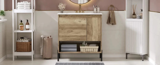 30' Modern Wood Fixture Bathroom Vanity, Bathroom Cabinet with Sliding Drawer, Bathroom Storage Cabinet with Ceramic Basin Sink Top, Single Bathroom Vanities Cabinet with Doors and Open Shelf Default -DTYStore