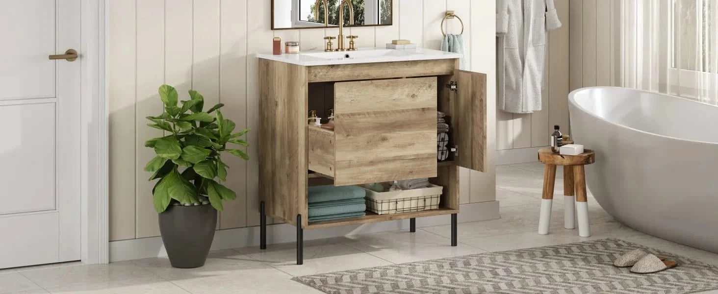 30' Modern Wood Fixture Bathroom Vanity, Bathroom Cabinet with Sliding Drawer, Bathroom Storage Cabinet with Ceramic Basin Sink Top, Single Bathroom Vanities Cabinet with Doors and Open Shelf Default -DTYStore