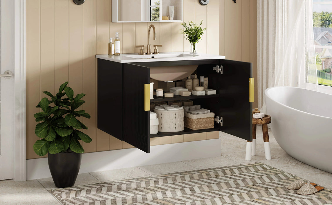 30' Vintage Bathroom Vanity with Ceramic Sink, with 3 Holes Single Ceramic Sink, Bathroom Storage Vanity Cabinet with 2 Soft Closing Doors Default -DTYStore