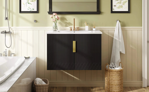 30' Vintage Bathroom Vanity with Ceramic Sink, with 3 Holes Single Ceramic Sink, Bathroom Storage Vanity Cabinet with 2 Soft Closing Doors Default -DTYStore