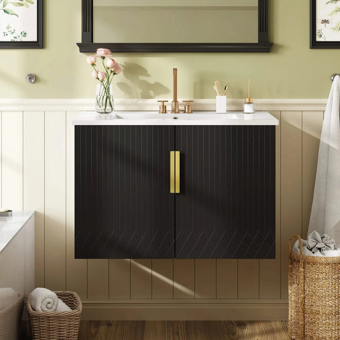 30' Vintage Bathroom Vanity with Ceramic Sink, with 3 Holes Single Ceramic Sink, Bathroom Storage Vanity Cabinet with 2 Soft Closing Doors Default -DTYStore