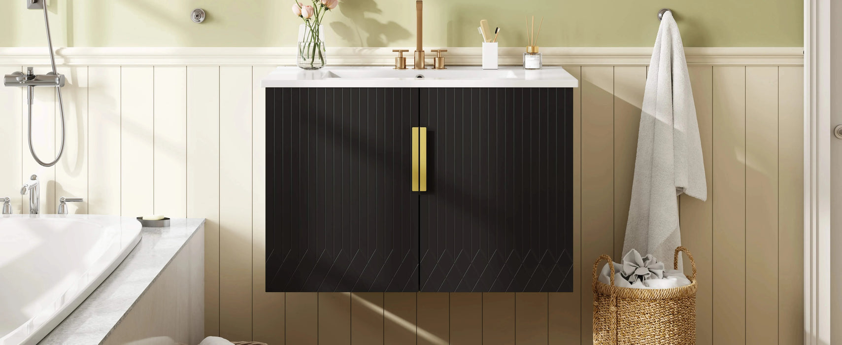 30' Vintage Bathroom Vanity with Ceramic Sink, with 3 Holes Single Ceramic Sink, Bathroom Storage Vanity Cabinet with 2 Soft Closing Doors Default -DTYStore