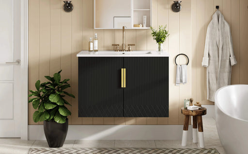 30' Vintage Bathroom Vanity with Ceramic Sink, with 3 Holes Single Ceramic Sink, Bathroom Storage Vanity Cabinet with 2 Soft Closing Doors Default -DTYStore