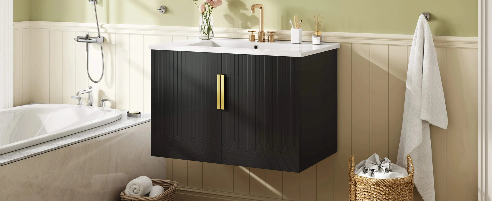 30' Vintage Bathroom Vanity with Ceramic Sink, with 3 Holes Single Ceramic Sink, Bathroom Storage Vanity Cabinet with 2 Soft Closing Doors Default -DTYStore