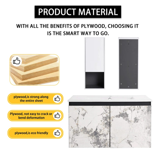 30' Wall-Mounted Bathroom Vanity With Ceramic Sink and Side Cabinet & Soft Close Doors, Combination Cabinet (KD-Package) Default -DTYStore