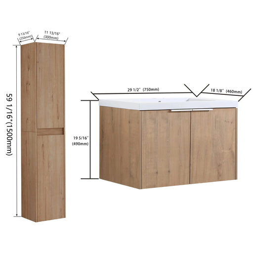 30' Wall-Mounted Bathroom Vanity With Sink and Side Cabinet, Soft Close Doors,00112IMO x 2-00630IMO Combination Cabinet(KD-Packing) Default -DTYStore
