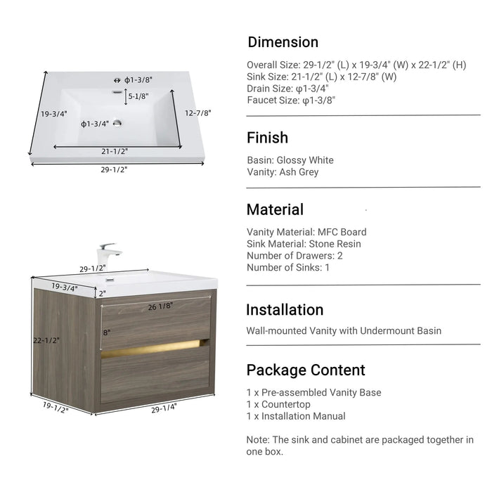 30' Wall-Mounted Bathroom Vanity with Sink, Floating Bathroom Storage Cabinet with Stone Resin Countertop and Soft Close Drawers, Ash Grey 24V15-30AG Default -DTYStore