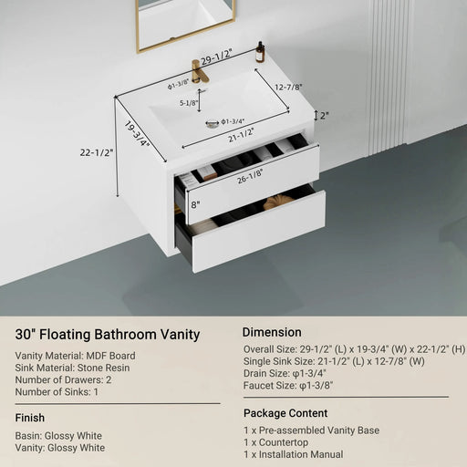 30' Wall-Mounted Bathroom Vanity with Sink, Floating Bathroom Storage Cabinet with Stone Resin Countertop and Soft Close Drawers, Glossy White 24V15-30GW Default -DTYStore
