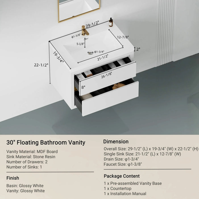 30' Wall-Mounted Bathroom Vanity with Sink, Floating Bathroom Storage Cabinet with Stone Resin Countertop and Soft Close Drawers, Glossy White 24V15-30GW Default -DTYStore