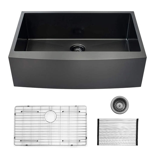30 inch Farmhouse Kitchen Sink, 16 Guage Stainless Steel Single Bowl Sink with Bottom Grid and Strainer Default -DTYStore