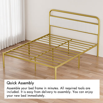 Metal Steel Platform Bed Frame with Upholstered Headboard cushion (Queen Size) - Gold