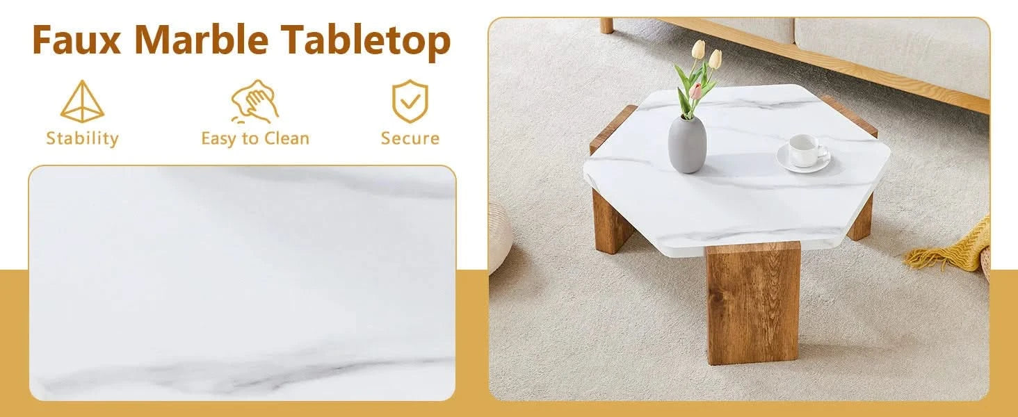 31-inch modern-style hexagonal coffee table,with white marble surface W1151138529 Default -DTYStore