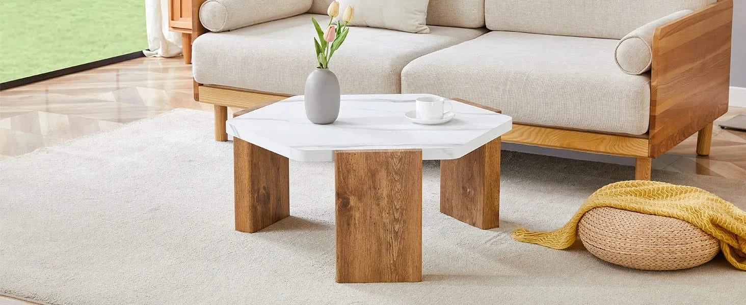 31-inch modern-style hexagonal coffee table,with white marble surface W1151138529 Default -DTYStore