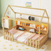 Twin Size House Bed with LED Light, Wood House Bed with Storage Bookshelf, Floor House Bed with Guardrails for Kids, Natural (Expect Arrival Date 2025/3/14) - DTYStore