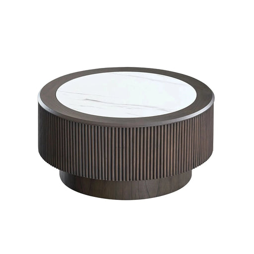 31.5 inch Modern Faux Marble Pattern Stickers Coffee Table Round Coffee Table for Living Room,Small Table with Sturdy Pedestal,Dark Brown Default -DTYStore