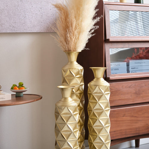 Metal Decorative Vase High Distress Metal Center Vase With 3D Triangle Pattern, Set Of 3 Vases for Home Decoration 33.5', 29.5', 25.2'High, Gold - Image 9