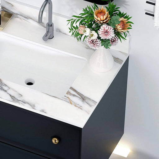 31 Inches Elegant Carrara White Marble Vanity Top with Undermount Sink and Backsplash, Sintered Stone Default -DTYStore