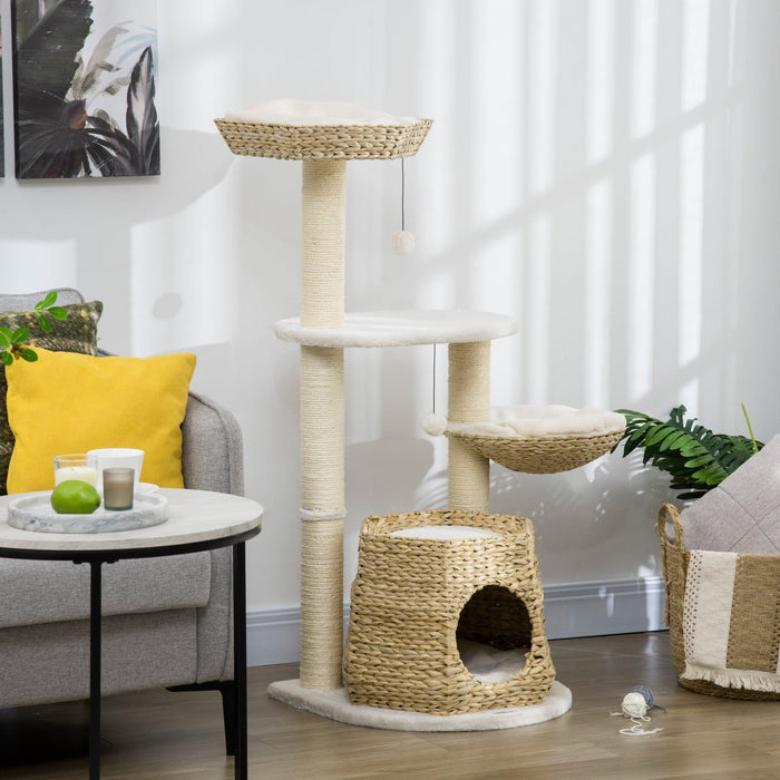 47" Cat Tree Kitty Activity Center, Cat Climbing Toy with Cattail Fluff, Bed, Condo, Sisal Scratching Post, and Hanging Ball, Natural - DTYStore