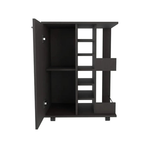 32' H black bar-coffee cart, cabinet storage, with 4 wheels, 1 divided storage with 1 shelf, 1 folding door, a central vertical division for 6 bottles and 2 side shelves with aluminum front Default -DTYStore