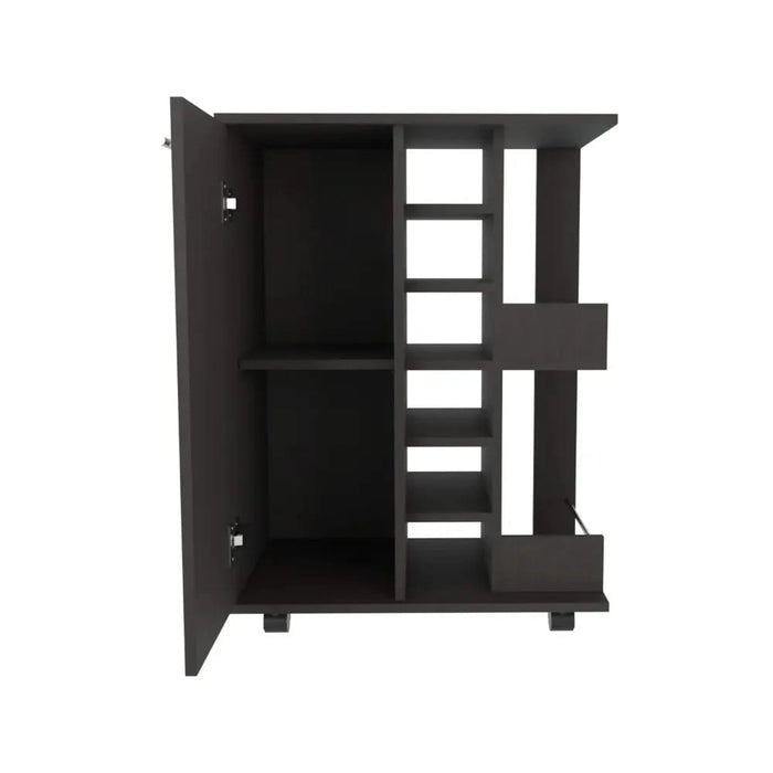 32' H black bar-coffee cart, cabinet storage, with 4 wheels, 1 divided storage with 1 shelf, 1 folding door, a central vertical division for 6 bottles and 2 side shelves with aluminum front Default -DTYStore