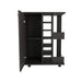 32' H black bar-coffee cart, cabinet storage, with 4 wheels, 1 divided storage with 1 shelf, 1 folding door, a central vertical division for 6 bottles and 2 side shelves with aluminum front Default -DTYStore