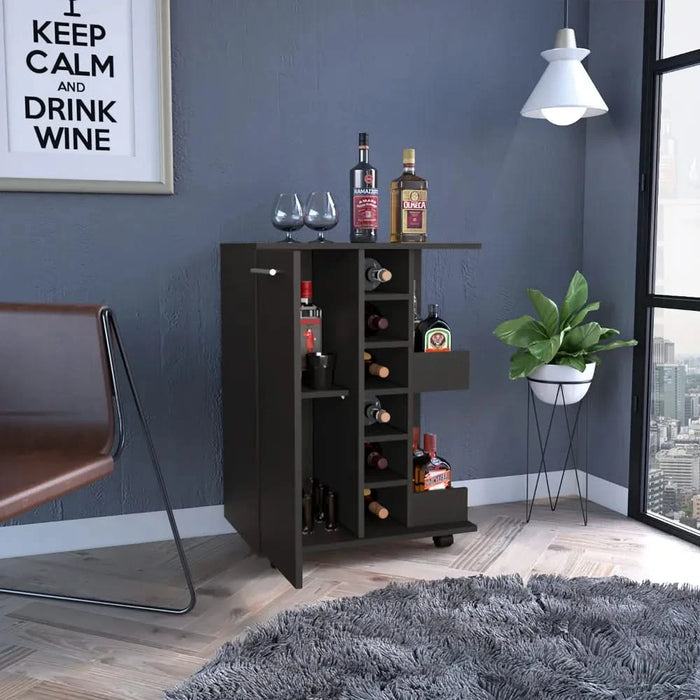 32' H black bar-coffee cart, cabinet storage, with 4 wheels, 1 divided storage with 1 shelf, 1 folding door, a central vertical division for 6 bottles and 2 side shelves with aluminum front Default -DTYStore