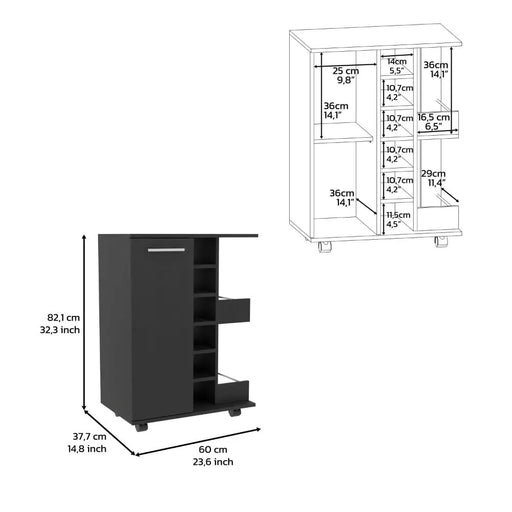 32' H black bar-coffee cart, cabinet storage, with 4 wheels, 1 divided storage with 1 shelf, 1 folding door, a central vertical division for 6 bottles and 2 side shelves with aluminum front Default -DTYStore