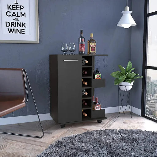32' H black bar-coffee cart, cabinet storage, with 4 wheels, 1 divided storage with 1 shelf, 1 folding door, a central vertical division for 6 bottles and 2 side shelves with aluminum front Default -DTYStore
