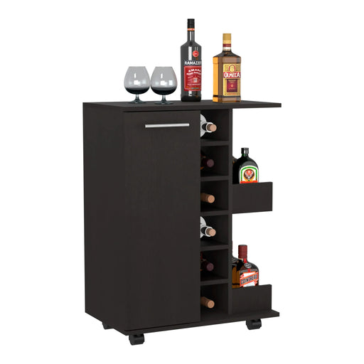 32' H black bar-coffee cart, cabinet storage, with 4 wheels, 1 divided storage with 1 shelf, 1 folding door, a central vertical division for 6 bottles and 2 side shelves with aluminum front Default -DTYStore
