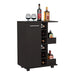 32' H black bar-coffee cart, cabinet storage, with 4 wheels, 1 divided storage with 1 shelf, 1 folding door, a central vertical division for 6 bottles and 2 side shelves with aluminum front Default -DTYStore